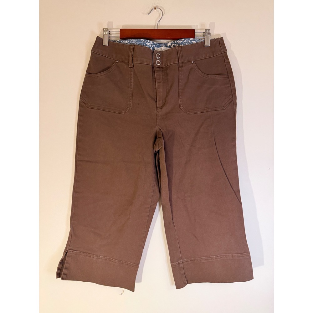 Christopher & Banks Womens Brown Stretch Capri Pants Size 10 Mid Rise Crop Slit